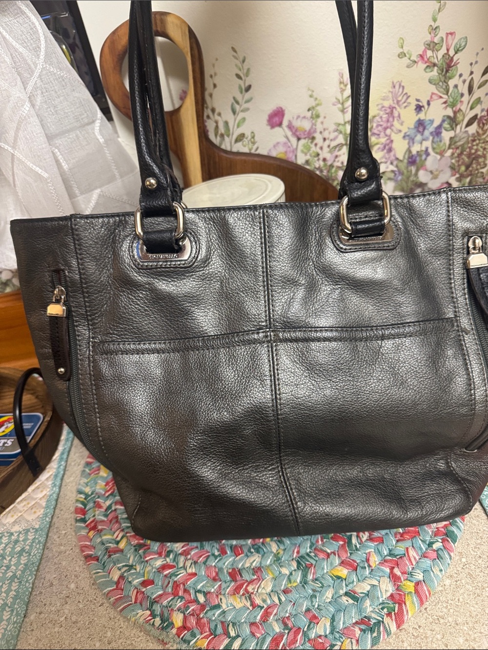 Tignanello Classic Black/Steel Gray Leather Tote/Purse